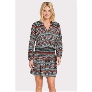 Allison Joy Long Sleeve Smocked Waistline Geometric V-neck Mini Dress Small